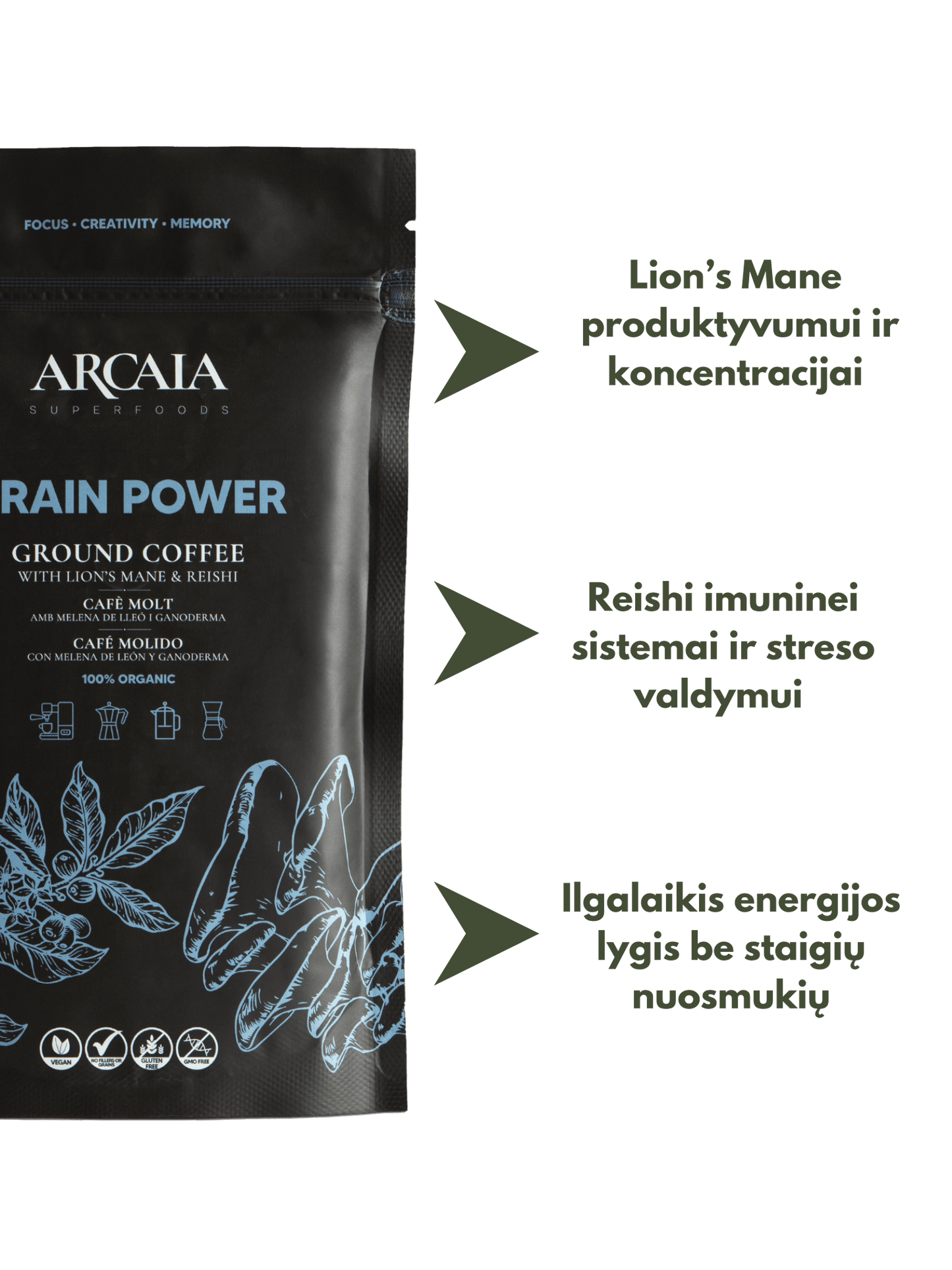 Ekologiška malta kava su Reishi ir Lion's Mane grybais Brain Power - Healthy sips